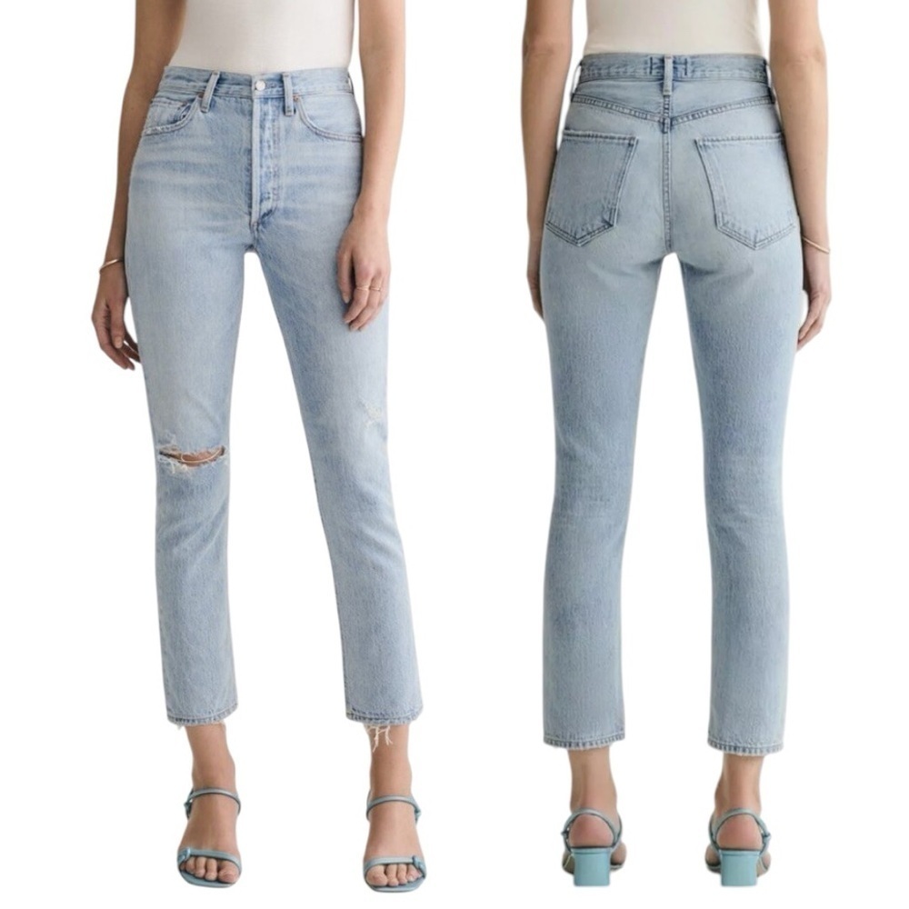 Agolde Riley High Rise Crop Jeans Light Blue Distressed Denim Size 25